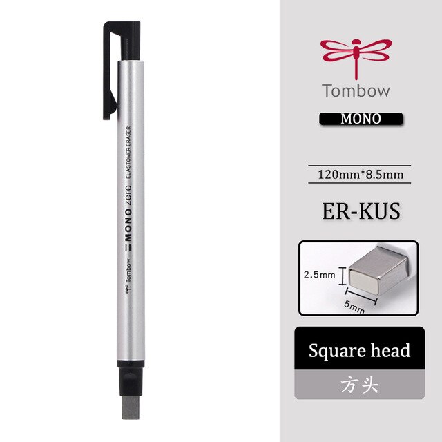 TOMBOW MONO Zero Eraser Mechanical Eraser Meticulous Highlighting Refillable Pen Shape Rubber Press Type School Stationery: square - silver