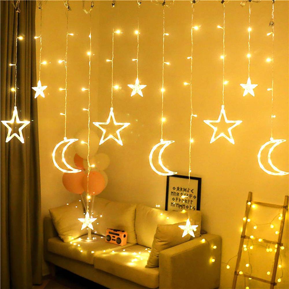 2.5M 3.2M 8 Work Modes Christmas Decoration garland LED Fairy Lights Star And Moon Curtain Light String Party Decor Lamp: Star and Moon  WW