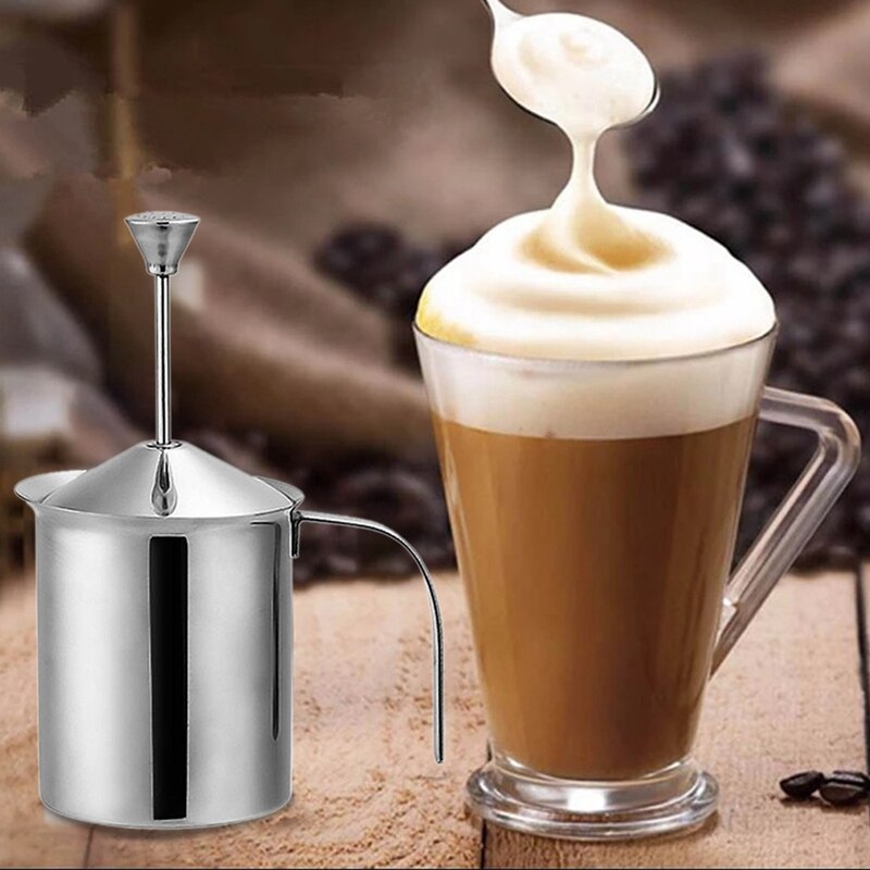 Manual Milk Frother, Stainless Steel Double Sieve Press Frothing Pot