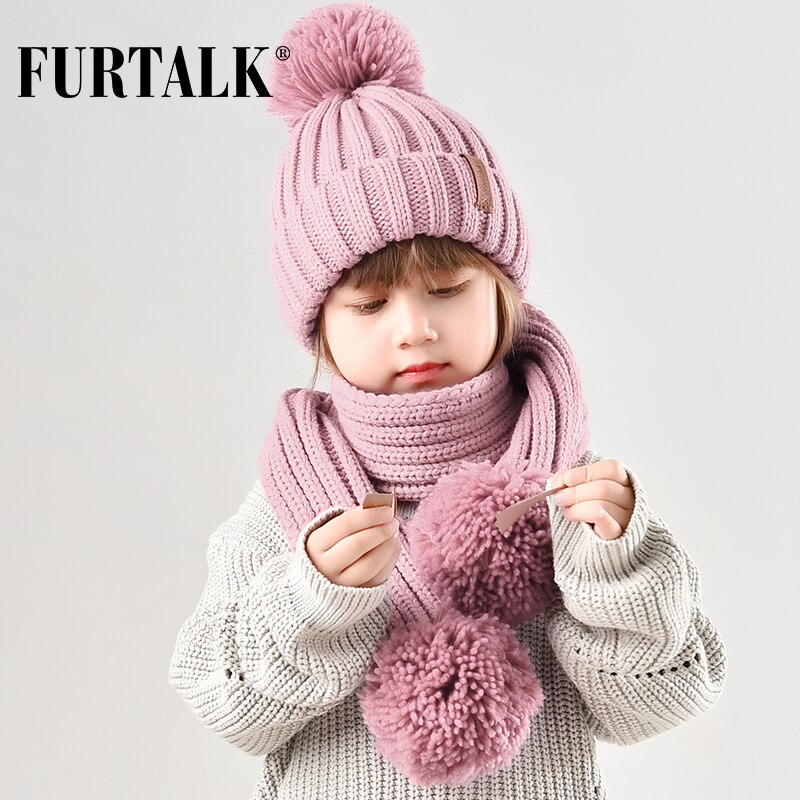 FURTALK Winter Kinderen Hoed Beanie Echte Wasbeer Bont Pompom Hoed en Sjaal Meisjes Bont Hoeden Jongens Caps Sjaals HTWL029
