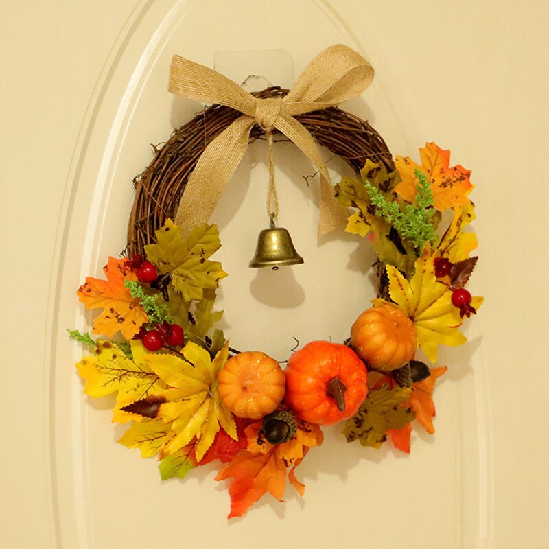 Herfst Leaf Pompoen Krans Met Bell Thanksgiving Halloween Voordeur Home Decor LB88
