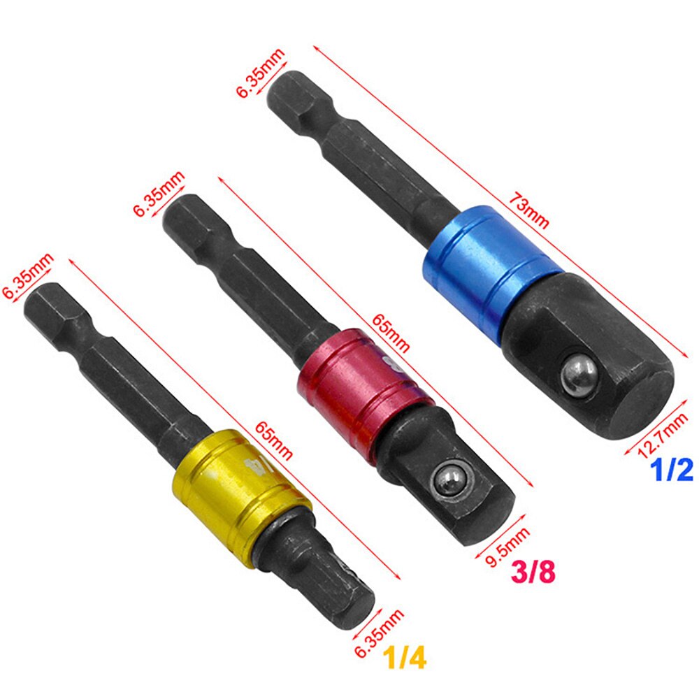 1/4 3/8 1/2 Hexagonal Shank Square Head Socket Extension Bar 3 PCS/Set Electric Wrench Sleeve Head Connection Conversion Rod