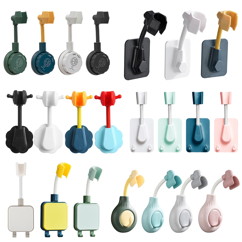 360° Shower Head Holder Adjustable Self-Adhesive Showerhead Bracket Wall Mount With 2 Hooks Stand SPA Bathroom Universal ABS 1pc