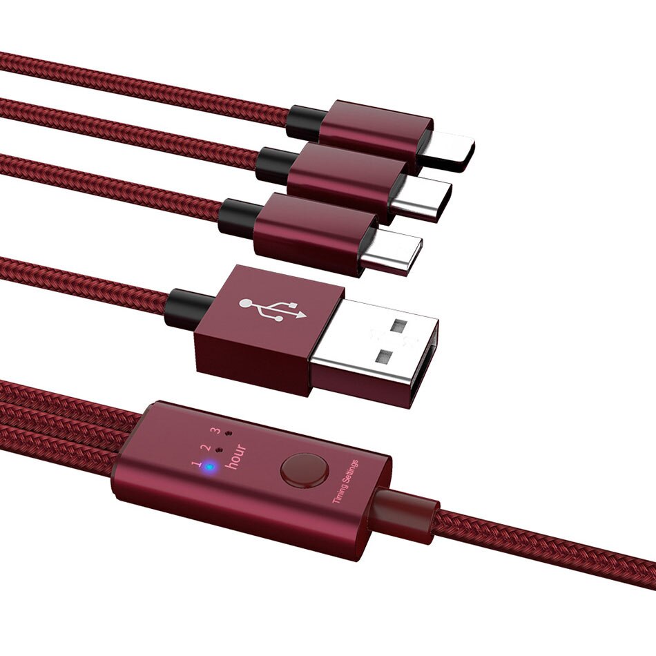TQUQ 3 w 1 automatyczny, duża moc wyłączania kabel ładowania funkcja odliczania czasu przewód ładowarki USB telefon komórkowy kabel do ładowania czas regulacji: Red