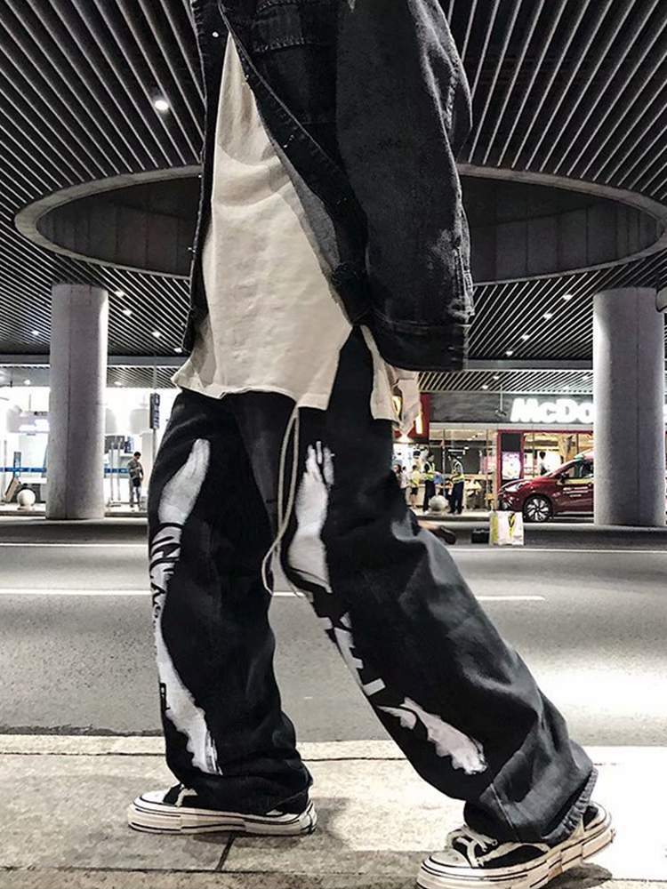 HOUZHOU-pantalones vaqueros negros para hombre, vaqueros de gran tamaño con estampado de Hip Hop, ropa de calle japonesa, Pantalones vaqueros de pierna recta