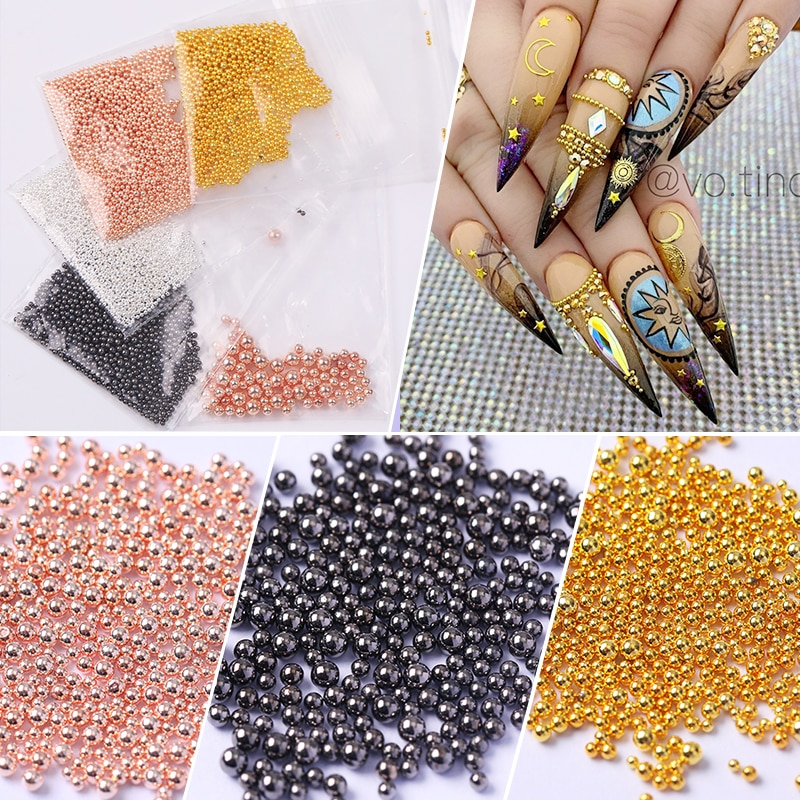 1 sac or Rose argent Nail Art minuscule 3D DesignMini acier Caviar perles multi-taille rondes boules bijoux manucure bricolage décoration
