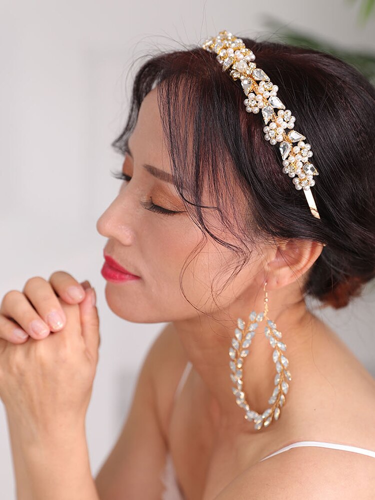 Glimmende gouden bruidshaarband en oorbellen, strass-hoofddeksels, kristallen bruidskroonkapsels, bruidshaaraccessoires voor vrouwen