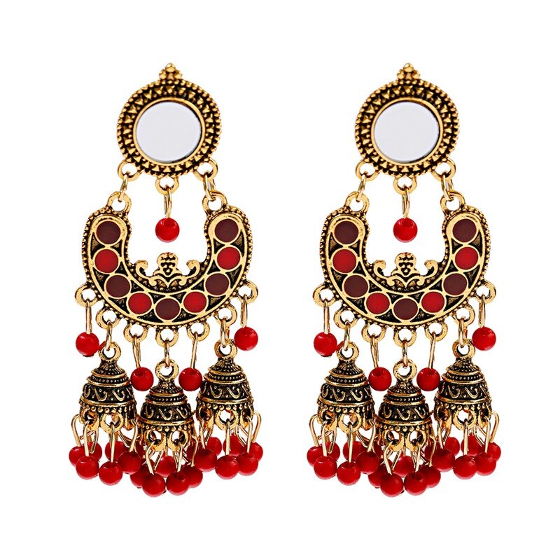 Ethnic Silver Color Gypsy Indian Earrings For Women Boho Jewelry Beads Bell Tassel Jhumka Earrings Ladies Retro Earrings