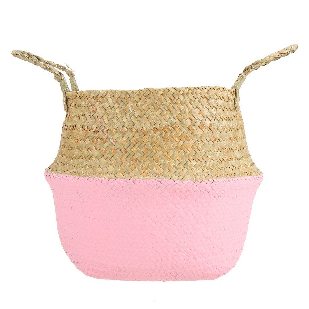 Handmade Bamboo Storage Baskets Foldable Laundry Straw Patchwork Wicker Rattan Seagrass Belly Garden Flower Pot Planter Basket: Pink / M 27X23CM