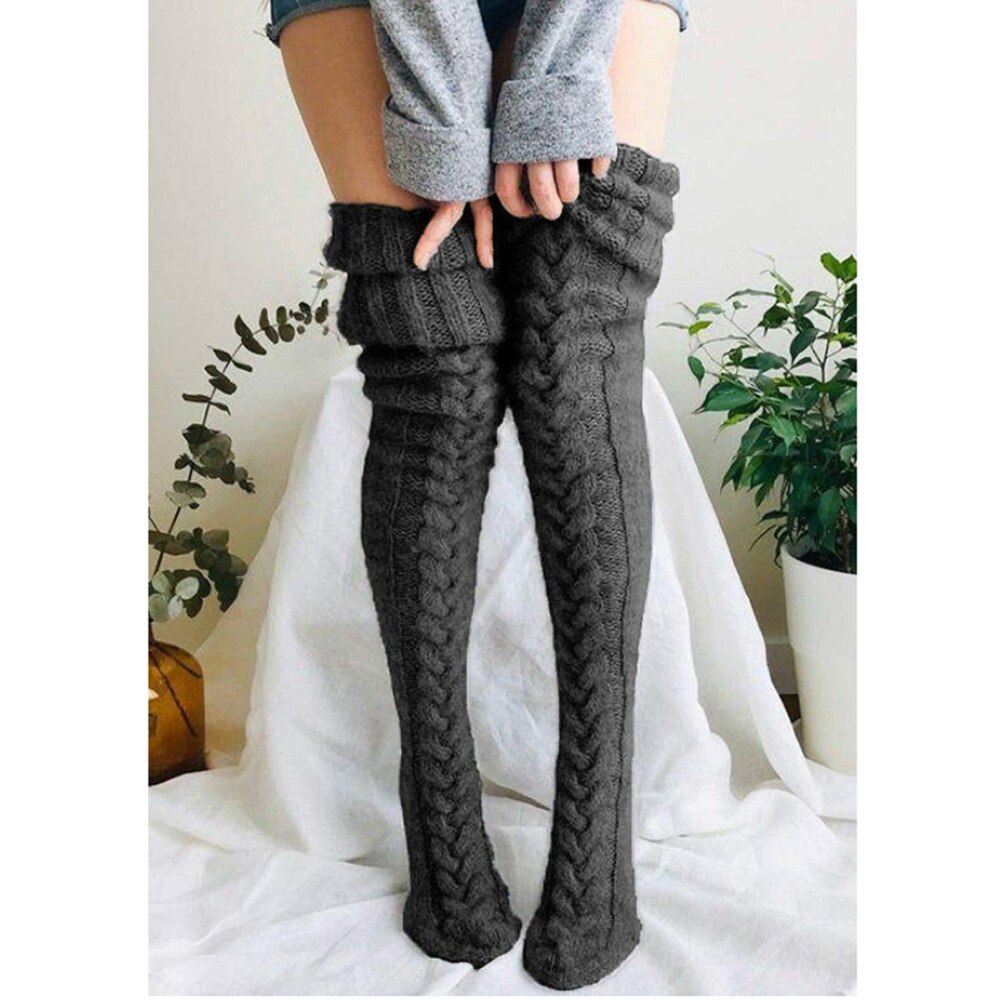 Wełniany ogrzewacz do stóp pończochy jesienne i zimowe jednokolorowe podkolanówki pończochy stos pończochy grube skarpetki damskie Legwarmers: Ciemnoszary / M(85 CM)