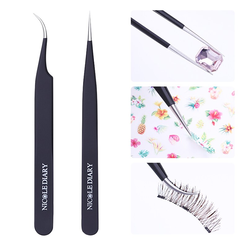 Nicole Dagboek Rechte Gebogen Tweezer Nail Sticker Rhinestone Picker Matte Black Uv Gel Polish Remover Nail Art Tool
