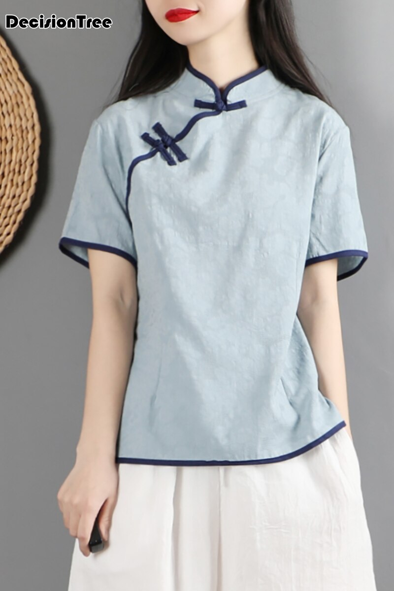 Qipao chino tradicional para mujer , top de algodón de manga corta y lino, tops de hadas hanfu, camisa tang vintage de encaje chino