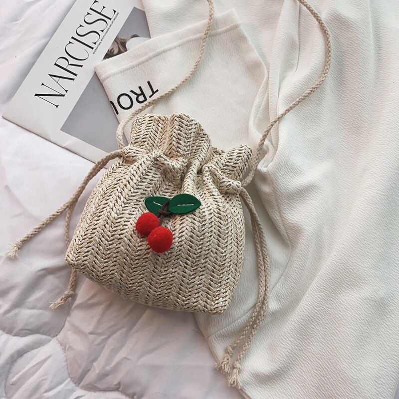 Strozak dames strandtas persoonlijkheid messenger bag trekkoord kersen dame retro handgeweven schoudertas koffie
