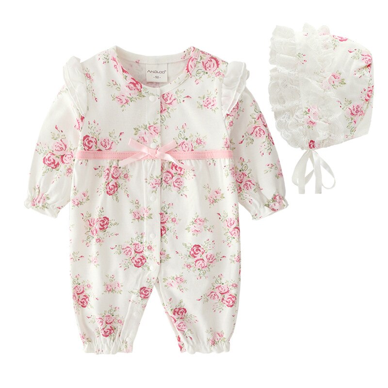 Bloemen Lint Pasgeboren Baby Meisje Kleding Ruches Lange Mouwen Prinses Jumpsuit Lente Baby Meisjes Bodysuit + Hoeden: Withe Jumpsuit / 6m