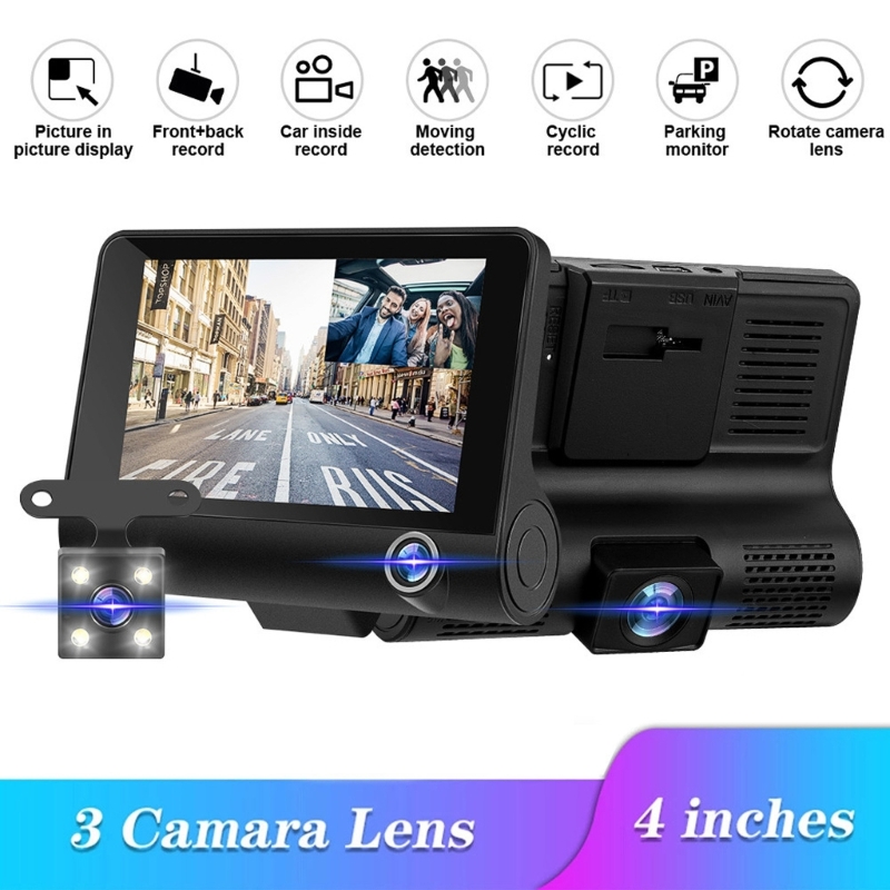 Bil-dvr 3 kameraer full hd 1080p videoopptaker automatisk registrator lcd-skjerm ryggekamera loopopptak
