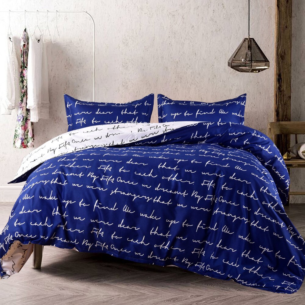 Lychee love letter print sengetøjssæt romantisk hvidblå dynebetræk sæt 2-3 stk hjemme sengetøj familie seng sæt: Blå / 240 x 220cm 3 stk