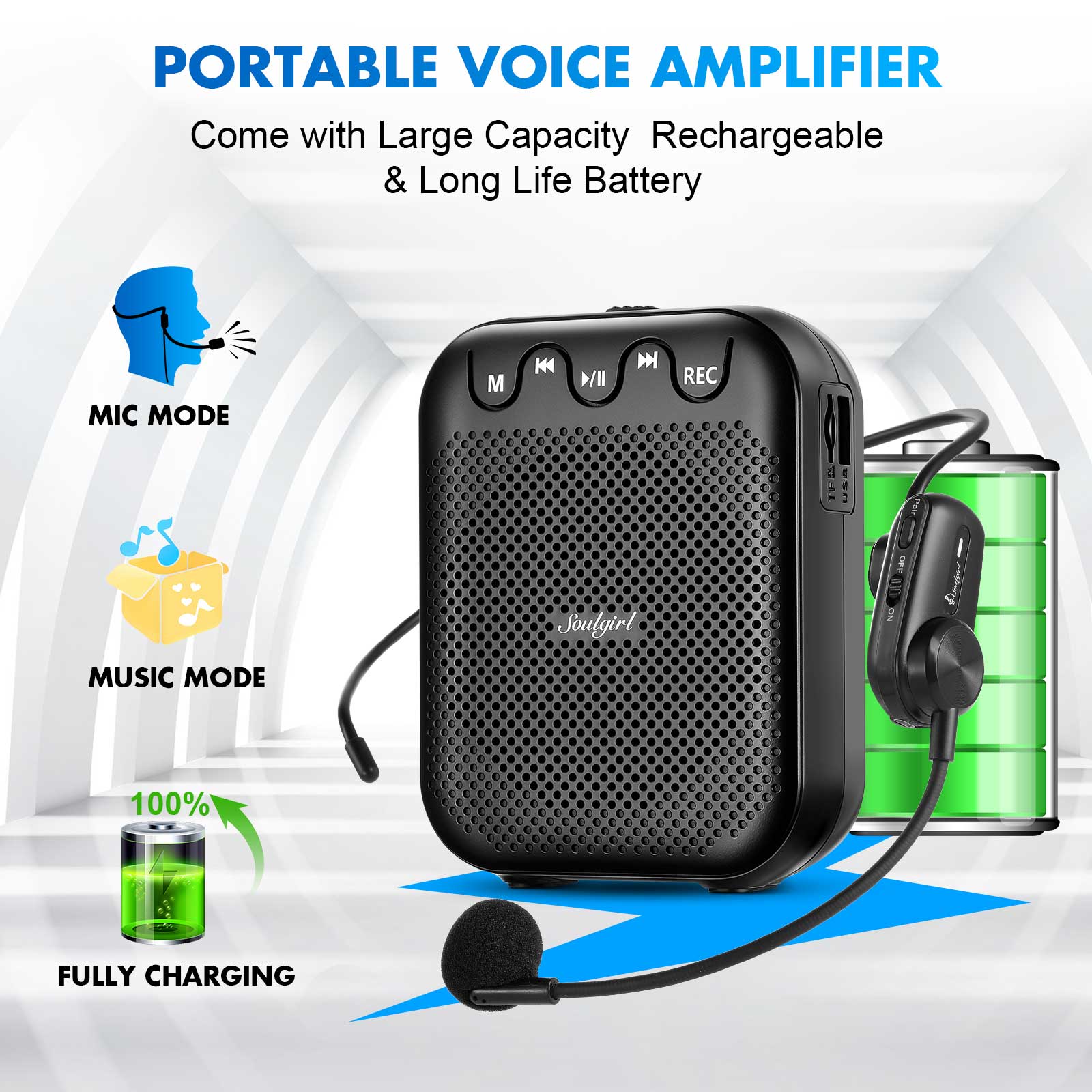 Voice Amplifier with UHF Wireless Microphone Headset, 20W 2600mAh Portable Rechargeable Speaker for Multiple Locations such as C
