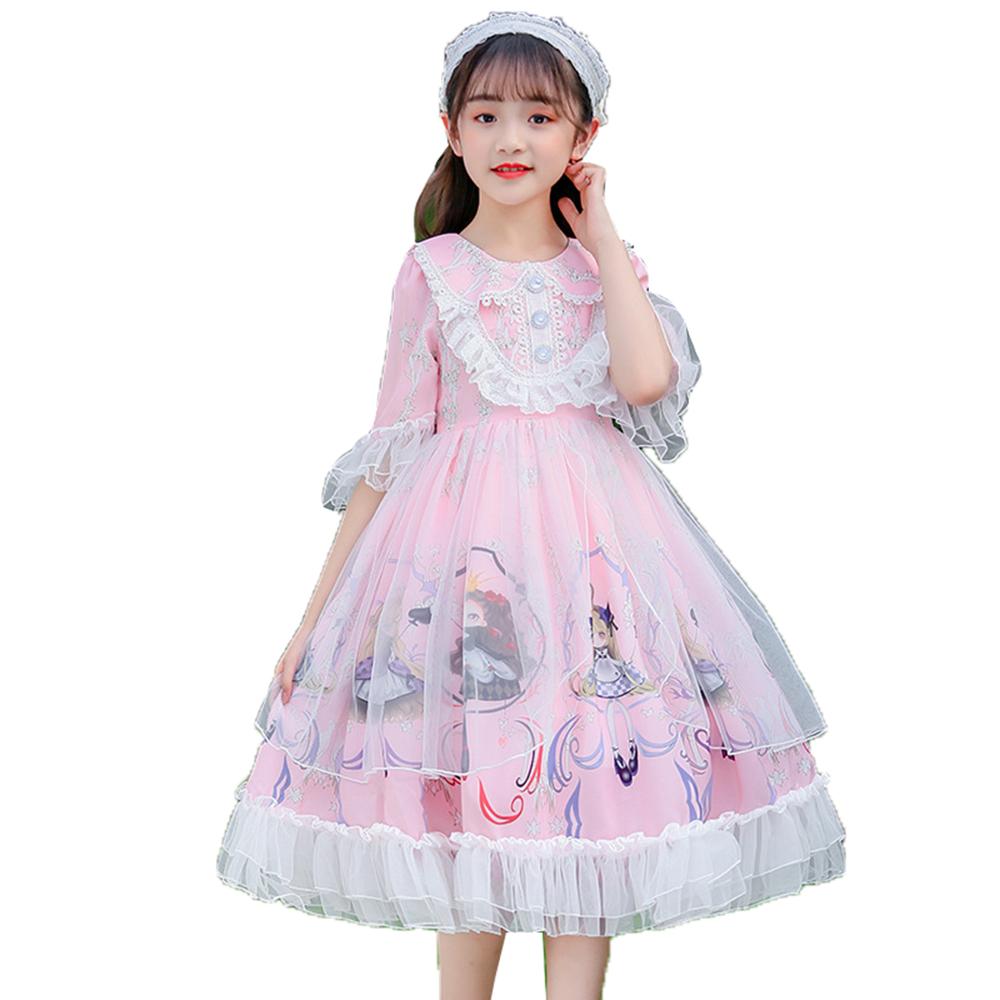 Girls Kids Pan Collar Lace Cover Up Floral Print Sweet Lolita Princess Dress: Pink / 11T