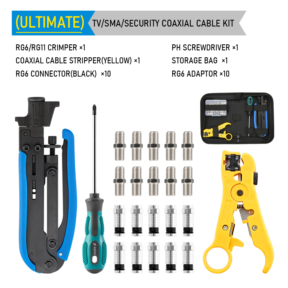 RG6 RG59 RG7 RG11 Wire Stripper Crimper Tool Kit Coaxial Cable Crimping Pliers Set With F BNC Compression Connectors: black