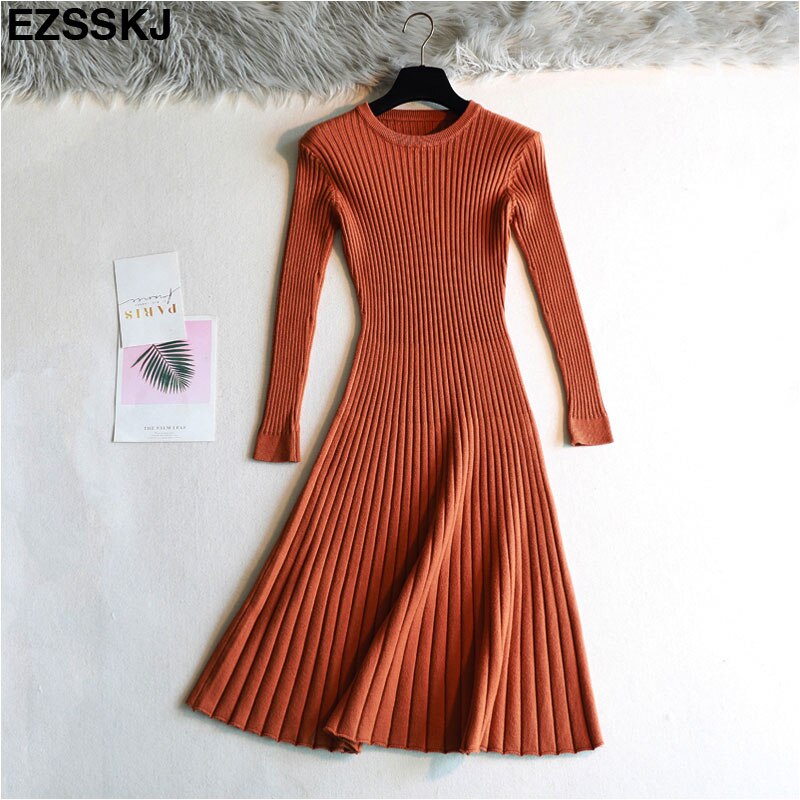 Vestido femenino de punto grueso con manga larga para otoño e invierno, traje básico con cuello redondo para mujer, corte en A, informal: orange