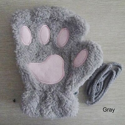 Kvinnor vinter varm katt-pad katt tasshandskar fingerlösa fluffig björn katt plysch tass tjejer cosplay handskar 1 par: Grå