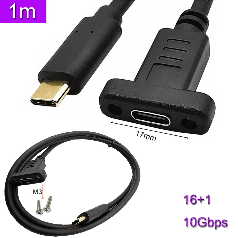 USB C Type-C Male To Female Extension Data Cable with Panel Mount Screw Hole 10Gbps 1m
