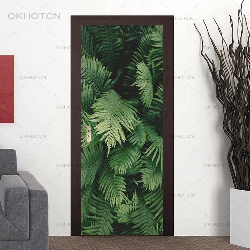 PVC Self-adhesive Door Sticker Plant Leaf Wallpaper Door Decal Green Modern Living Room Bedroom Home Decoration 3D