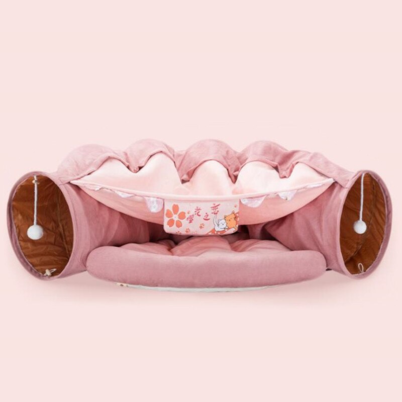 Túnel de juguete para gatos, cama multifunción con bola divertida, tubo cálido y cómodo, casa plegable para gatitos para esconder y dormir, 2 vías