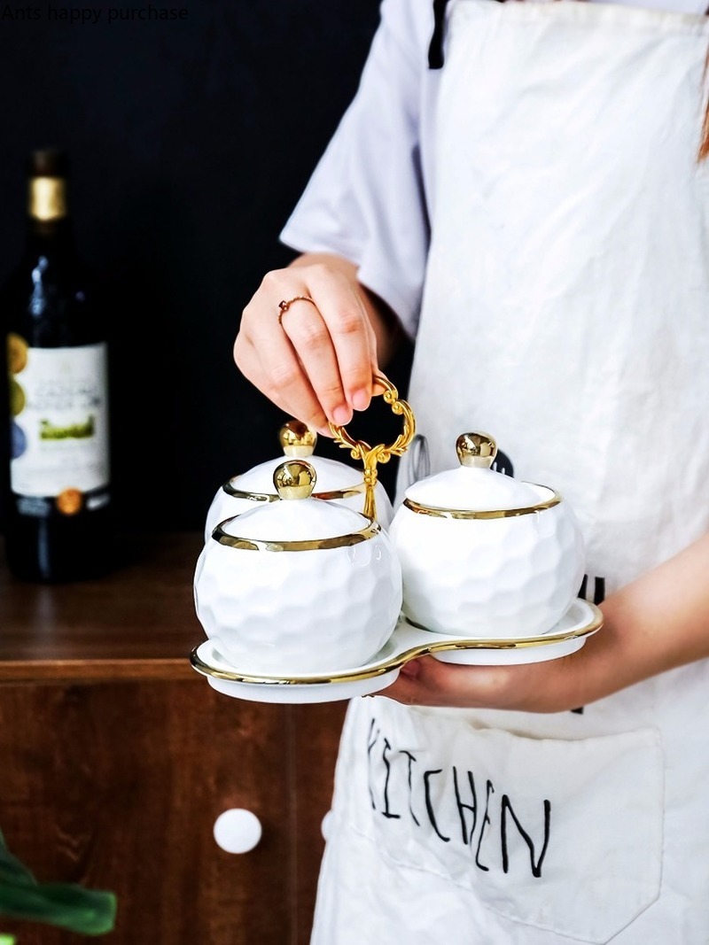 Tarro de especias de cerámica, suministros de cocina, juego de caja de condimentos para el hogar, traje de tres piezas, agitador de sal y azúcar, herramienta de almacenamiento de cocina