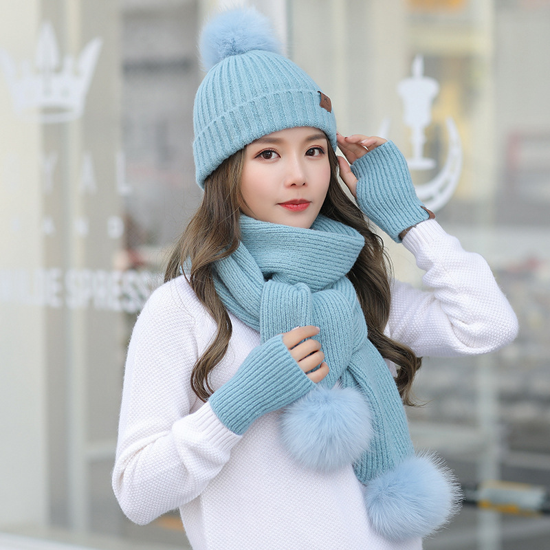 , conjunto de guantes de lana para invierno, bufanda, conjunto de guantes gruesos para mujer, gorro y bufanda suave, gorro para chicas, Gorro con pompón de bola: blue