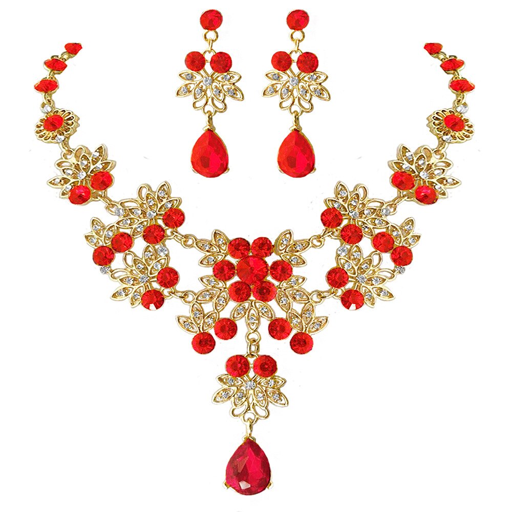 Barock vintage guld röd grön blå kristall brud smyckesset bröllop afrikanska pärlor smyckesset halsband örhängen tiara set: 2 st rött set