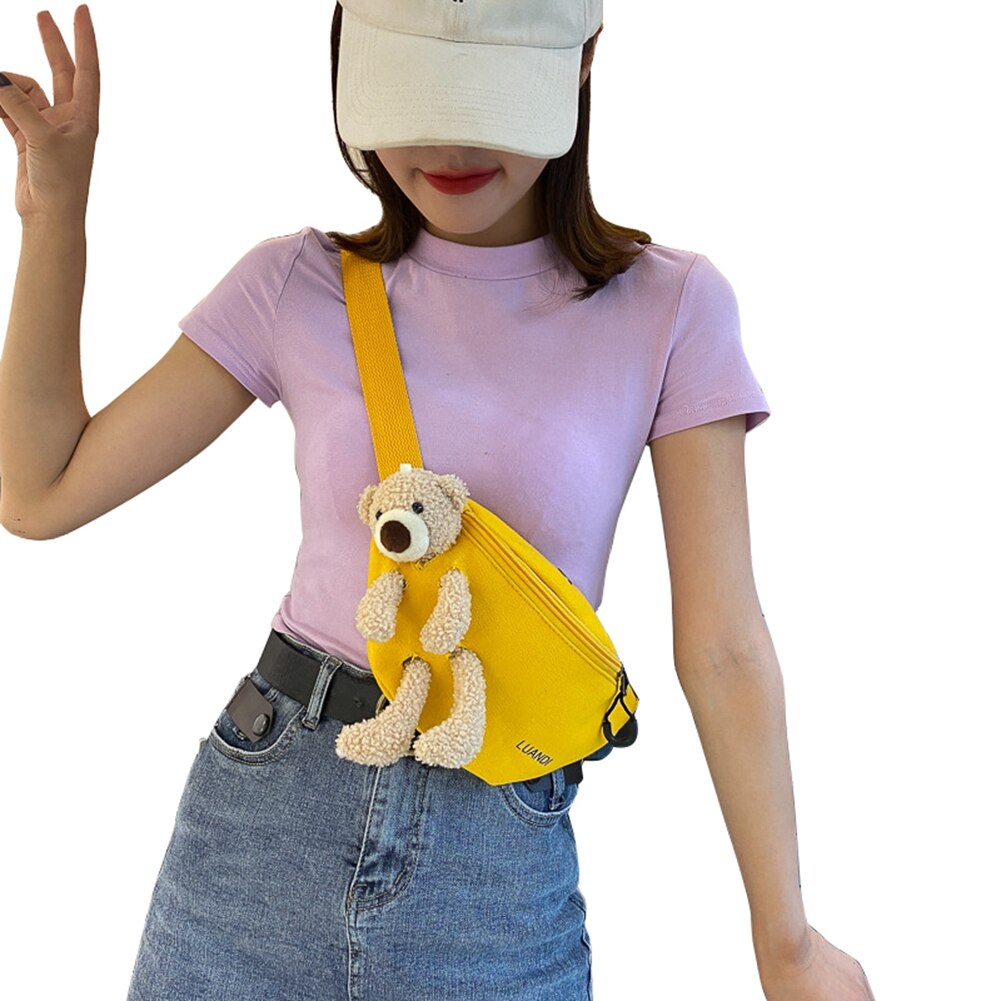 Doce meninas bonito dos desenhos animados urso saco de peito feminino casual lona pacote cintura zíper sacos crossbody sacos de esportes com buraco fone de ouvido