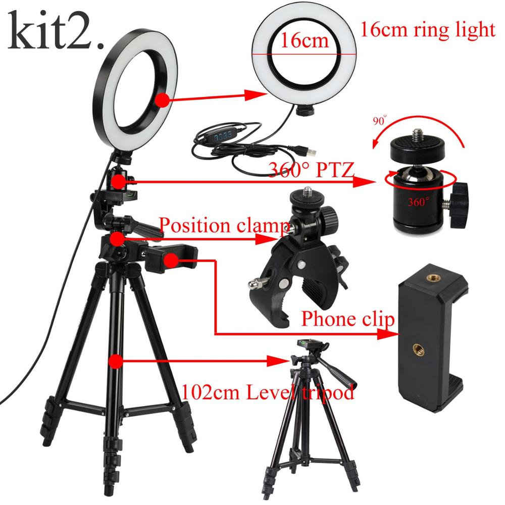 Anillo de luz LED Cámara fotografía anular lámpara estudio Ring Light para vlogg vídeo disparo retrato maquillaje con trípode teléfono Clip: Kit 2