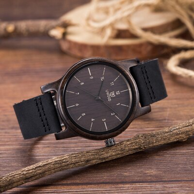Herenhorloges topmerk luxe dameshorloge houten polshorloges leren of houten band relogio masculino: Zwart leer