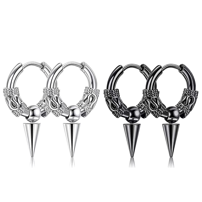 1 paire de boucles d'oreilles gothiques Punk en acier inoxydable pour hommes et femmes, Hip Hop Rock Vintage motif Dragon, cercle, bijoux