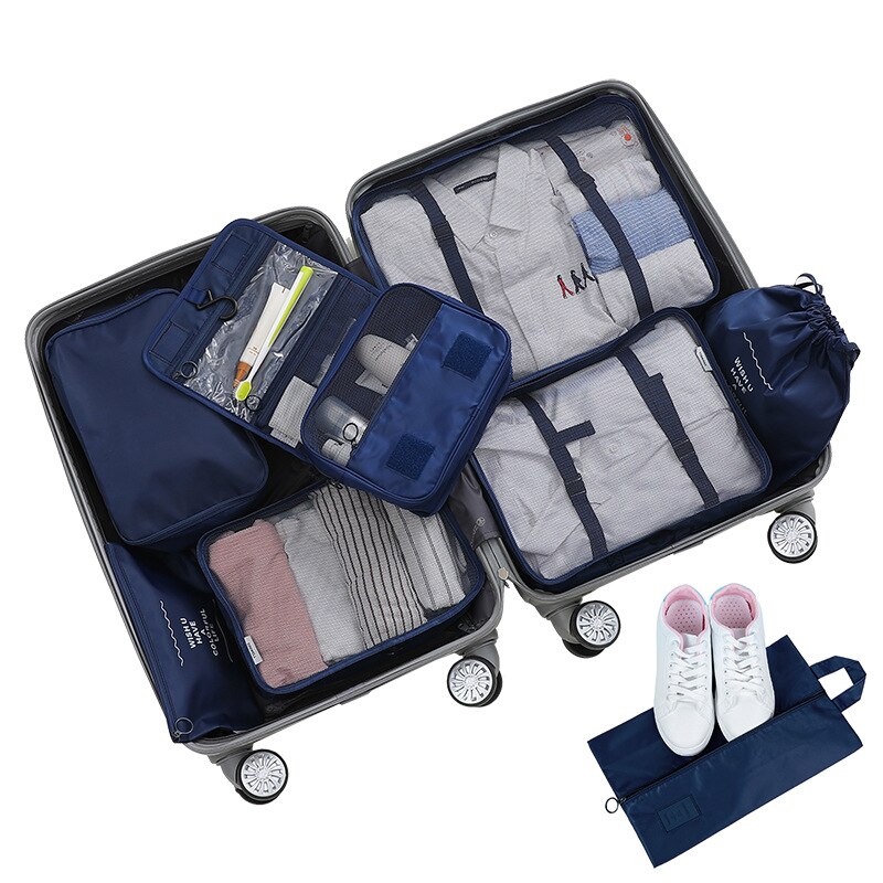 8Pcs/set Large Capacity Luggage Travel Bag Clothes Underwear Cosmetic Storage Bag Baggage Packing Suit Organizer Wash Bags: Deep Blue