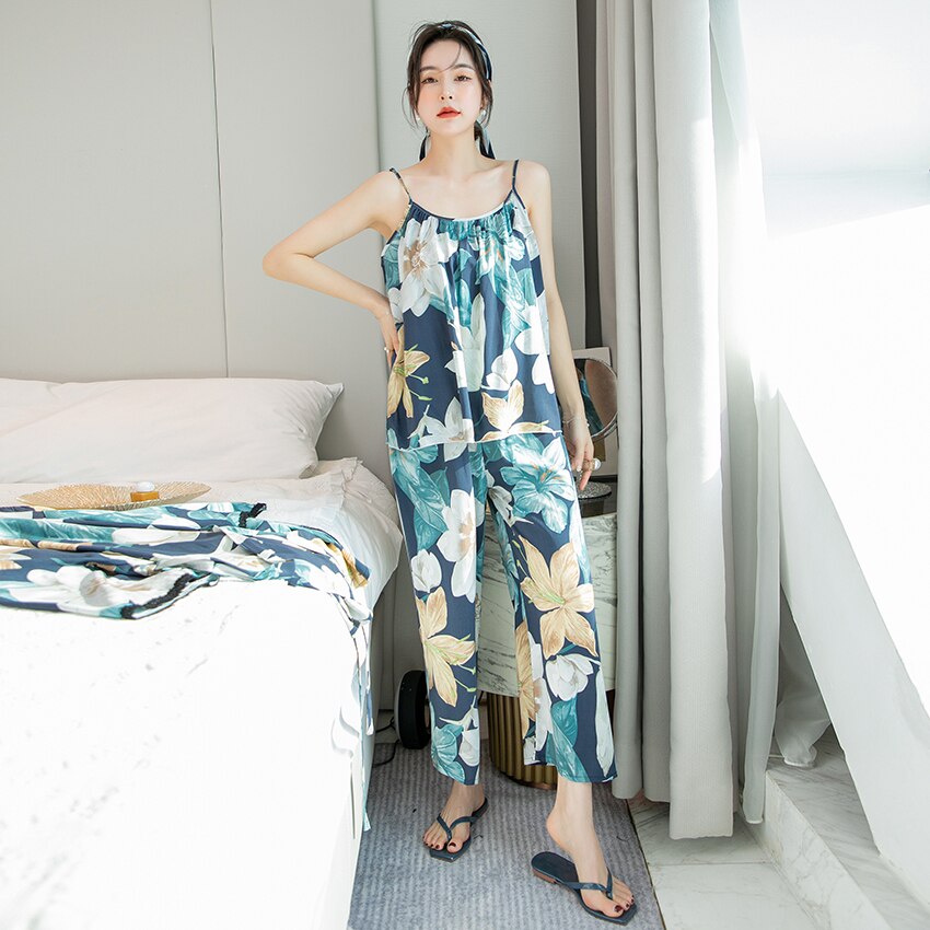 HECHAN Flowers Pattern Female Sleepwear 2 Piece Set Spaghetti Strap Sleeveless Tops Loose Print Pants Women Sets Casual Homewear