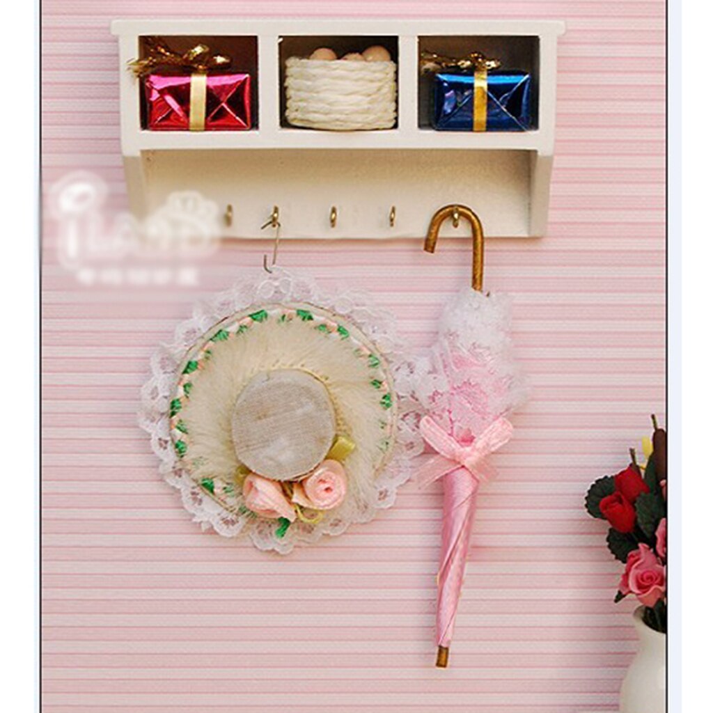 White Mini Kitchen Birch Wood Wall Rack w/ Hooks Fit for 1/12 Dollhouse Decoration