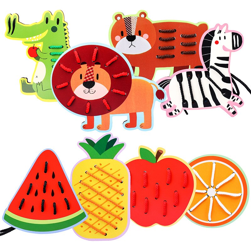 4 Stks/set Cartoon Dier Fruit Threading Boord Kinderen Educatief Vroege Houten Desktop Speelgoed Game Leven Vaardigheden