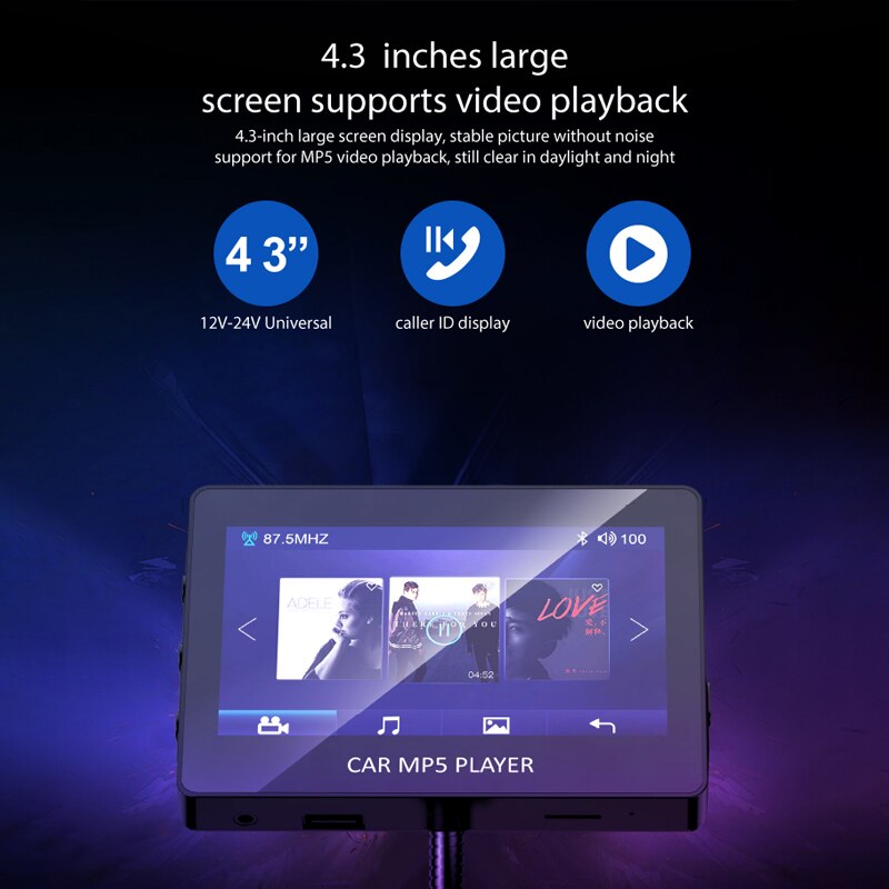 JINSERTA 4.3 pollici Bluetooth 5.0 trasmettitore FM per auto MP5 video Audio lettore musicale doppio USB AUX U Disk TF MP3 riproduci telecomando