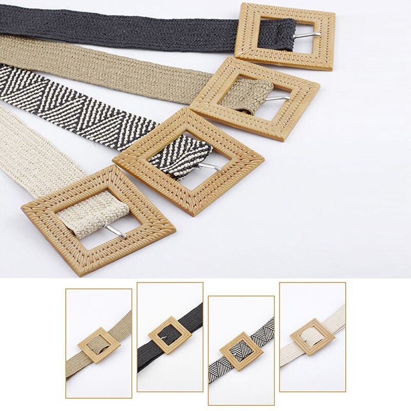 Wax Rope Straw Square Buckle Waist Belt Elastic Braided Knitted Belt Skirt Belt Woman Vintage Knitted Woven Waist Belt