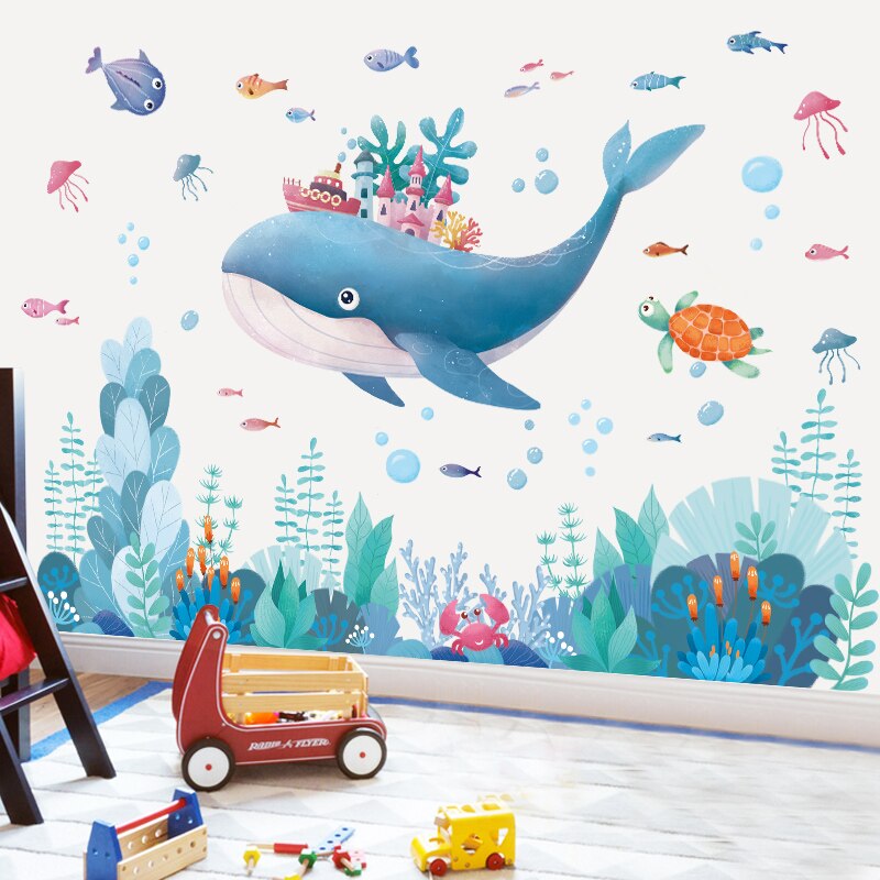 Waterproof Cartoon Underwater Animal World Wall Stickers for Kids room Bathroom Bedroom Vinyl Wall Decals Removable Murals Decor