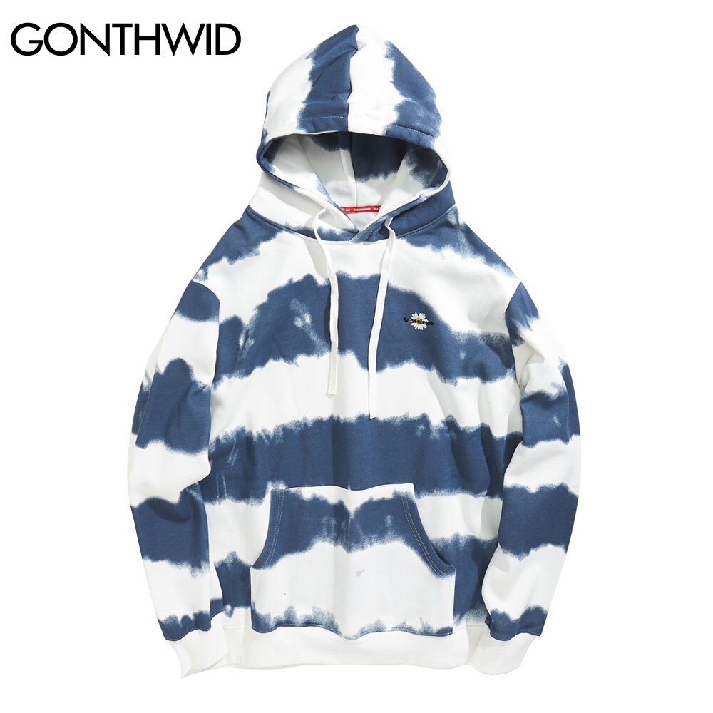 GONTHWID Harajuku Embroidery Daisy Tie Dye Striped Fleece Hoodies Sweatshirts Streetwear Mens Hip Hop Casual Pullover Tops