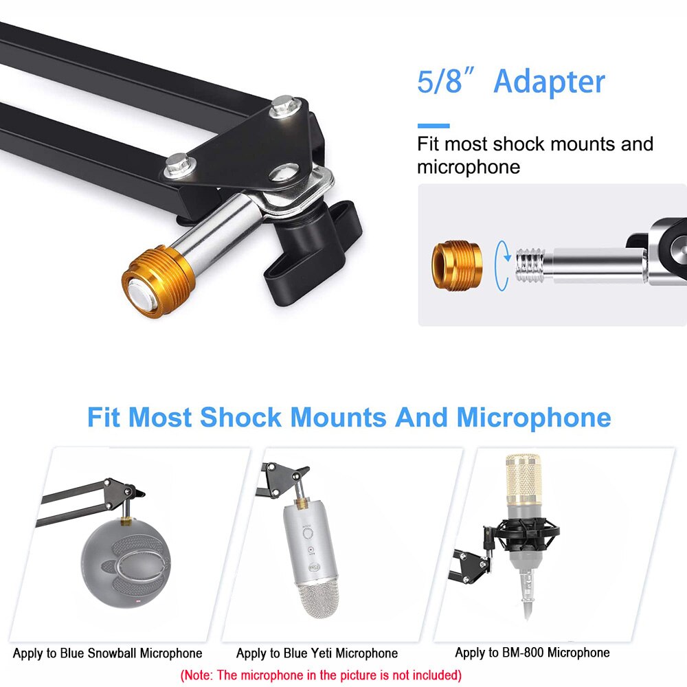 Brazo de soporte para micrófono soporte de suspensión con Clip adaptador de tornillo de 3/8 "a 5/8" para Blue Yeti Blue Snowball Yeti Nano Yeti x Mic