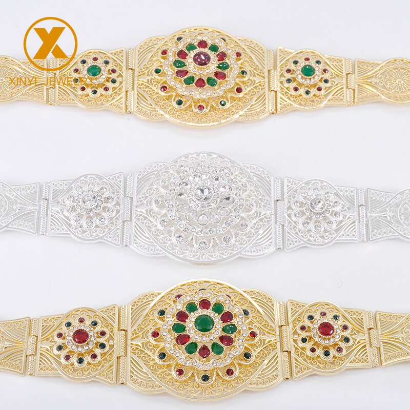 Marokkaanse gouden ronde metalen riem met lange tailleketting, bruiloftsharssieraden voor vrouwen, holle bloemen metalen riem