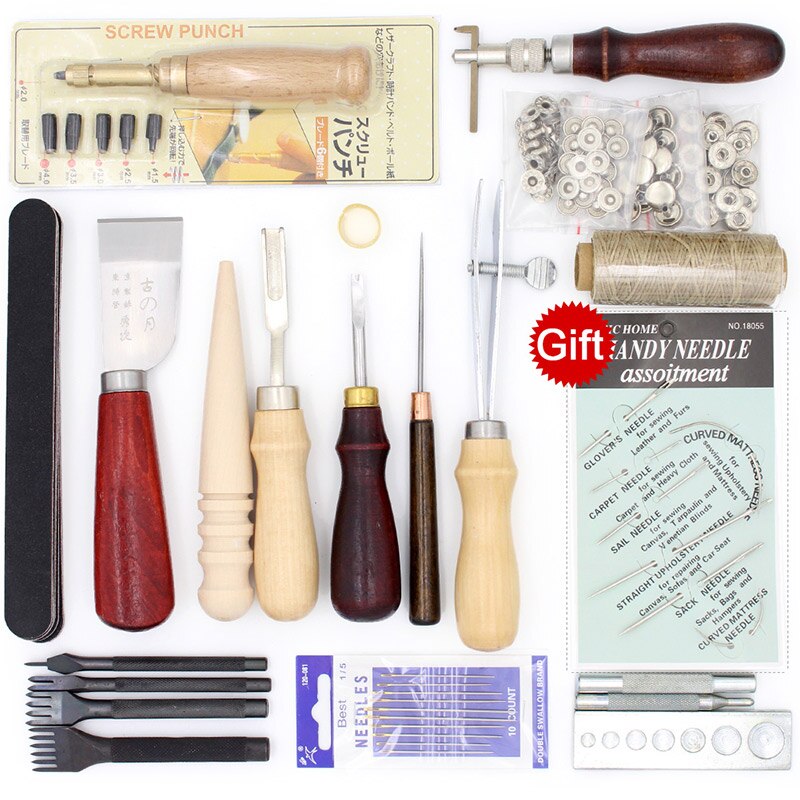 Leather Craft Tools Punching Hole Cutting Knife Suture Needle Basic Hand Stitching Sewing Tools, Manual Peeling Edge Process: Set 15