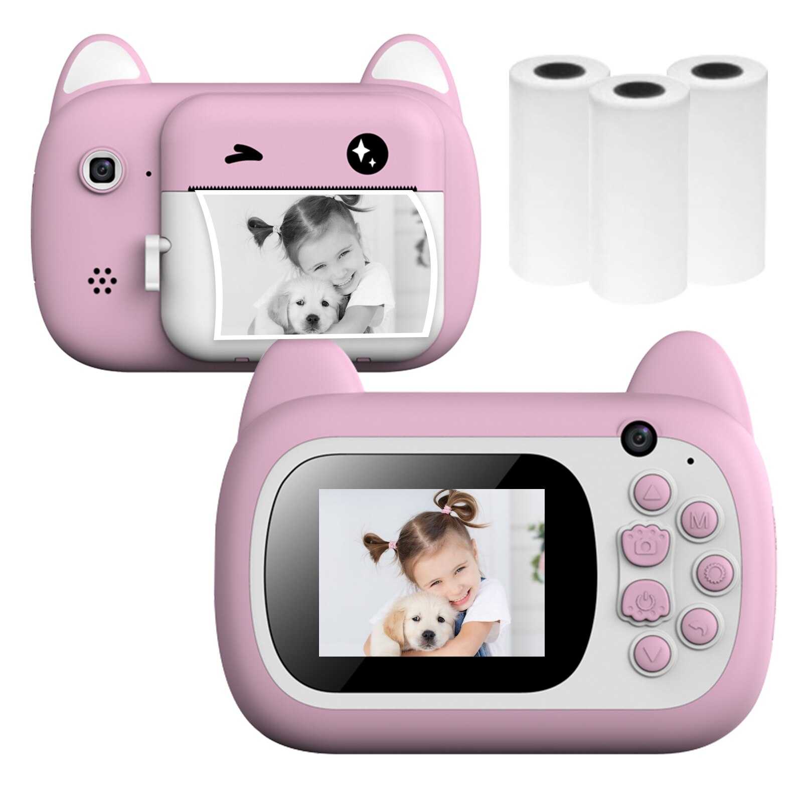 A7 Kids Digital Instant Camera 1080P Camera Photo Printer con doppia fotocamera da 24mp schermo da 2.4 &quot;3 rotoli di carta per bambini: Pink / 16G TF Card
