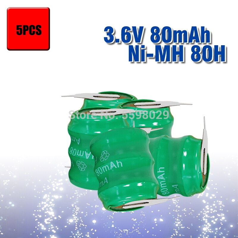 80mah 3.6v Original Brand Ni-MH Rechargeable Button Cell Battery Ni MH Batteries With Pins: 5pcs