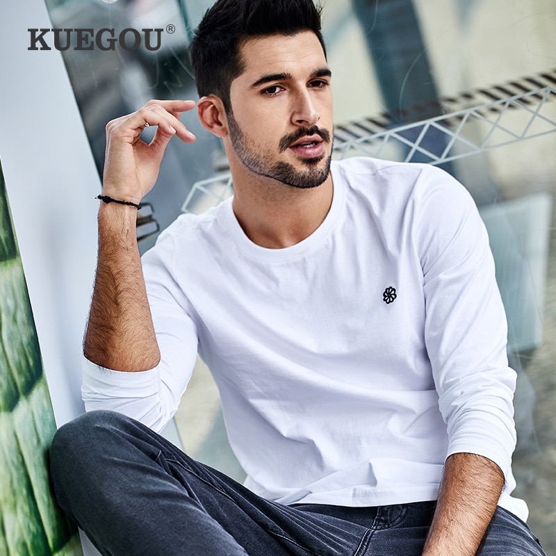 KUEGOU 100% baumwolle männer T-Shirt lange hülse herbst vertraglich stickerei übertragen unliniertes oberes kleid oben Plus größe ZT-496