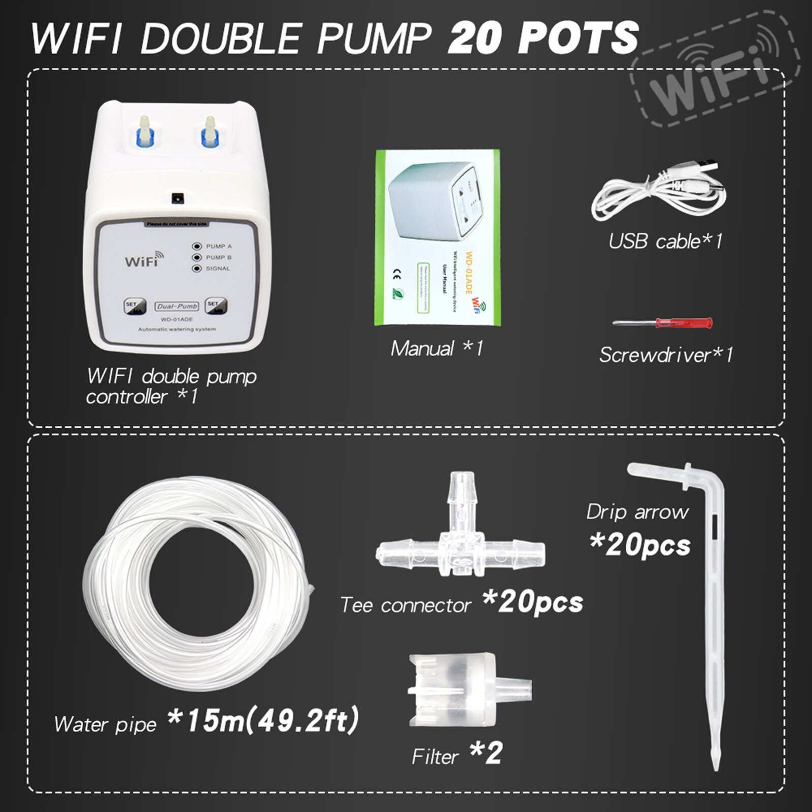 Double Pump Garden Wifi Control Watering Device Automatic Water Drip Irrigation Watering System Kit WIFI Mobile APP Control: 20 Pots kit USB Port